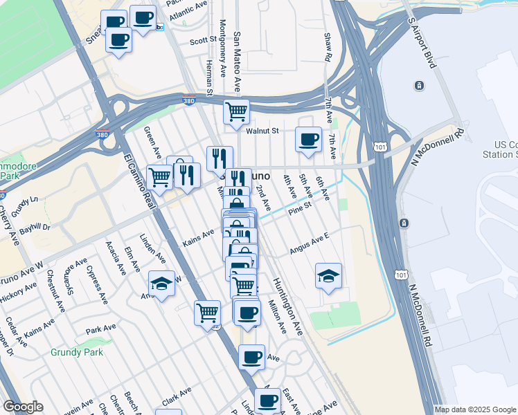 map of restaurants, bars, coffee shops, grocery stores, and more near 724 1st Avenue in San Bruno