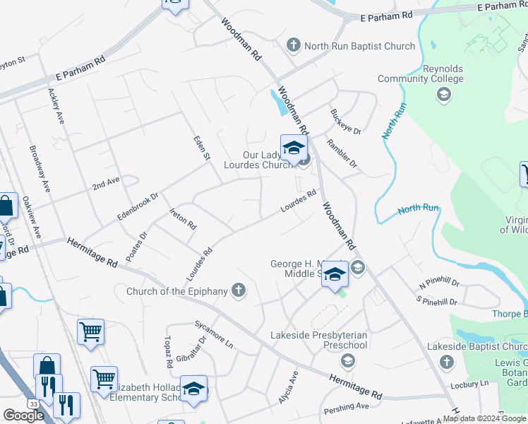 map of restaurants, bars, coffee shops, grocery stores, and more near 8201 Lydell Drive in Richmond