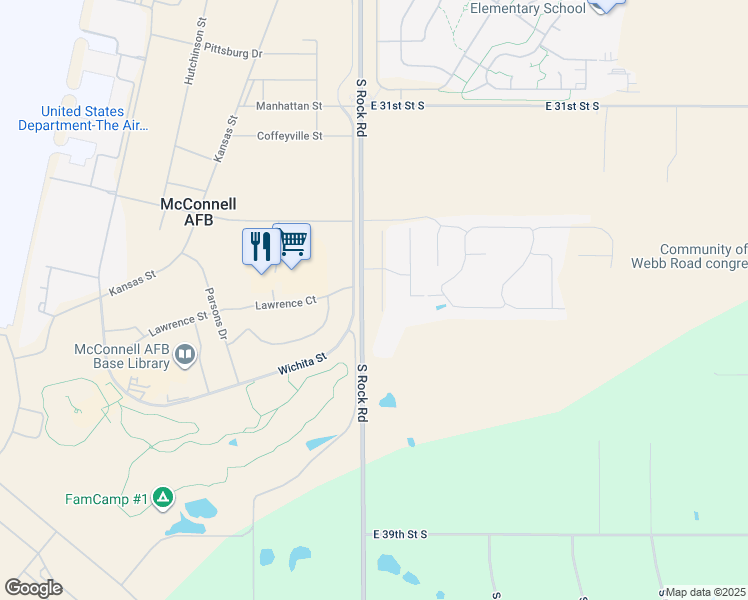 map of restaurants, bars, coffee shops, grocery stores, and more near 3636 South Rock Road in Wichita
