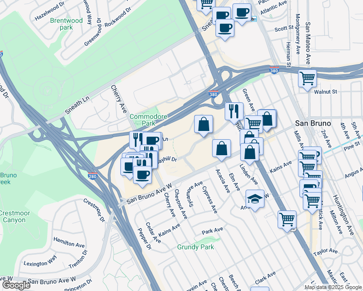 map of restaurants, bars, coffee shops, grocery stores, and more near 1150 Bayhill Drive in San Bruno