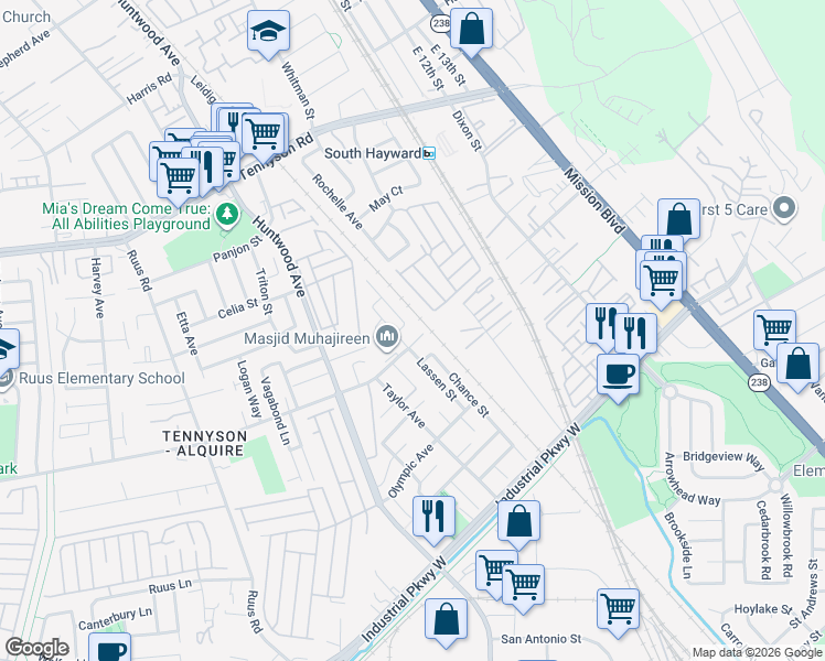 map of restaurants, bars, coffee shops, grocery stores, and more near 29146 Hillview Street in Hayward
