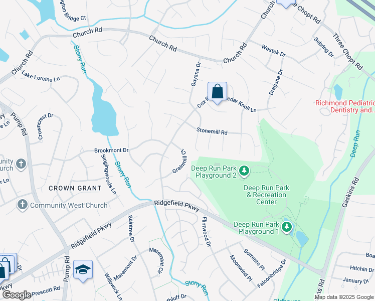 map of restaurants, bars, coffee shops, grocery stores, and more near 2227 Grainmill Court in Richmond