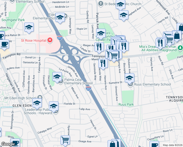 map of restaurants, bars, coffee shops, grocery stores, and more near 27656 Sebastian Way in Hayward