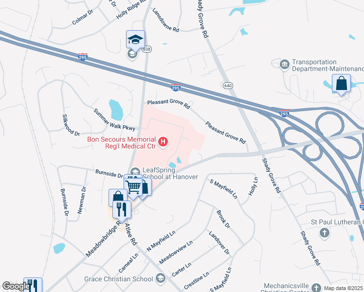 map of restaurants, bars, coffee shops, grocery stores, and more near 8200 Meadowbridge Road in Mechanicsville