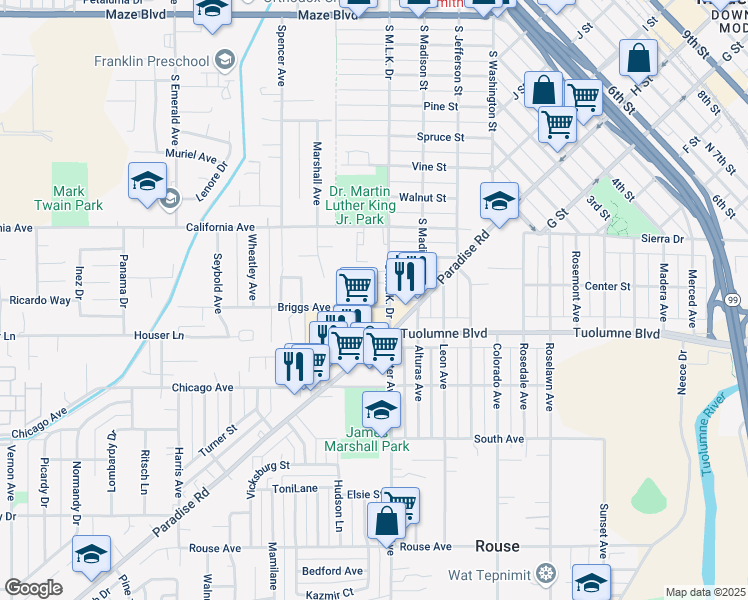 map of restaurants, bars, coffee shops, grocery stores, and more near 419 Briggs Avenue in Modesto