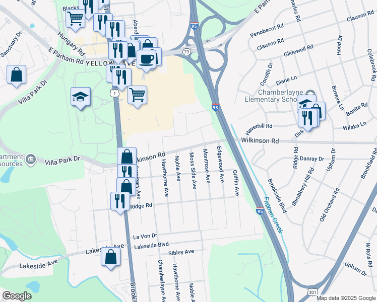 map of restaurants, bars, coffee shops, grocery stores, and more near 7618 Moss Side Avenue in Richmond