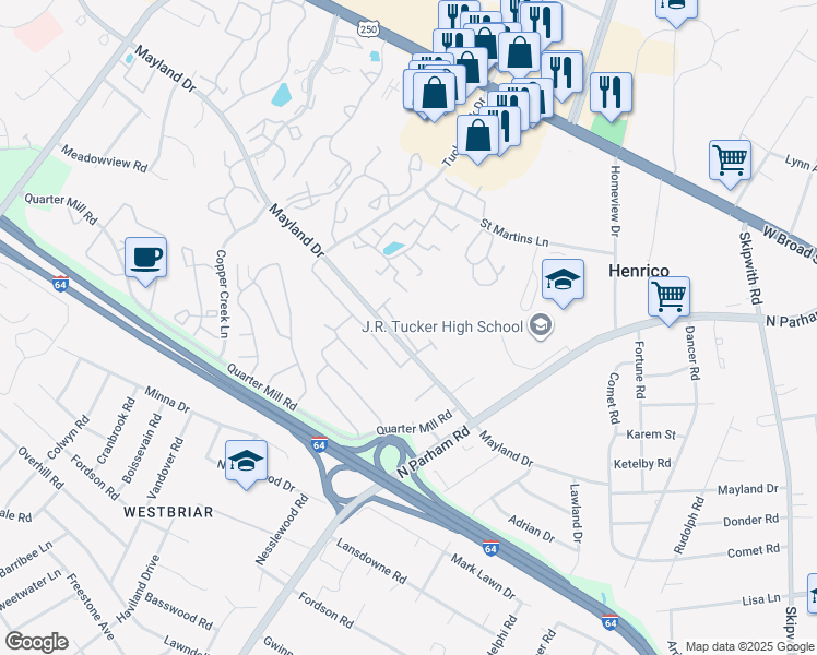 map of restaurants, bars, coffee shops, grocery stores, and more near 9102 Old Mayland Way in Henrico