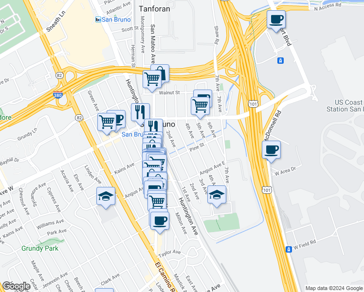 map of restaurants, bars, coffee shops, grocery stores, and more near 711 3rd Avenue in San Bruno