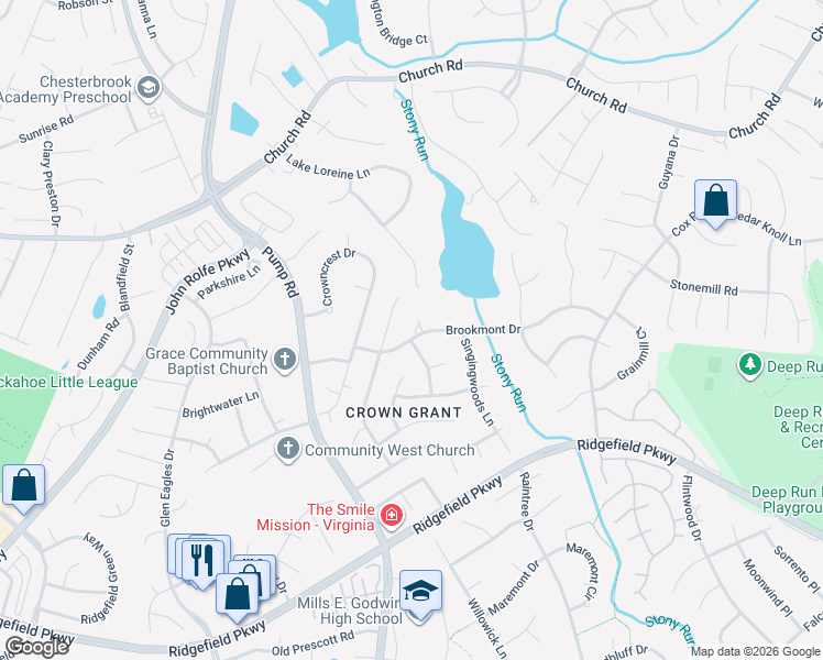 map of restaurants, bars, coffee shops, grocery stores, and more near 10410 Brookmont Drive in Richmond