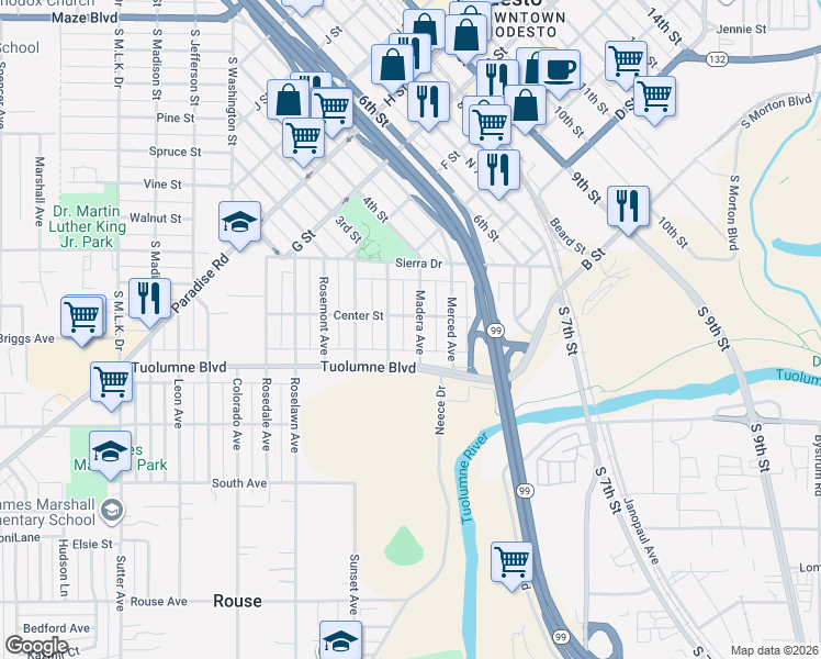 map of restaurants, bars, coffee shops, grocery stores, and more near 210 Madera Avenue in Modesto