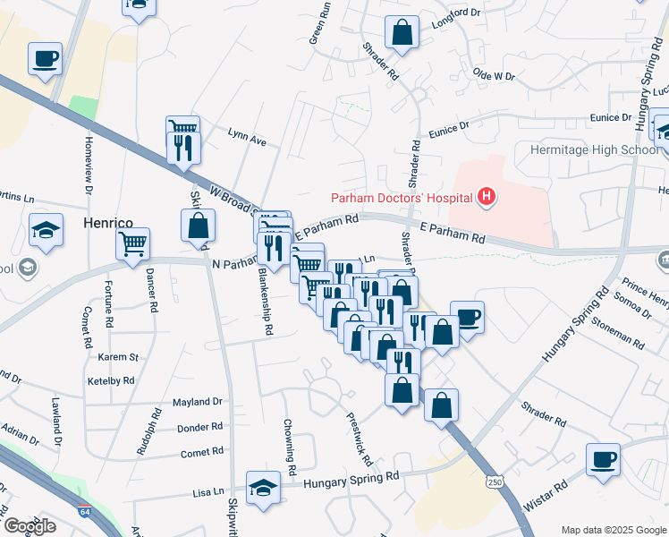 map of restaurants, bars, coffee shops, grocery stores, and more near 7850 Carousel Lane in Richmond
