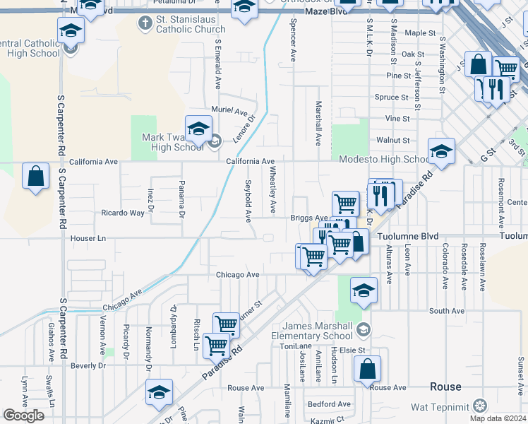 map of restaurants, bars, coffee shops, grocery stores, and more near 811 Briggs Avenue in Modesto