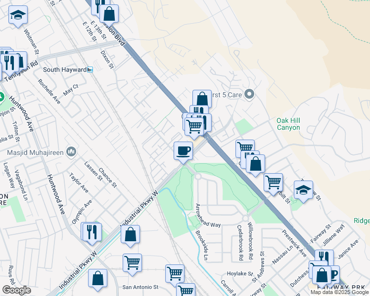 map of restaurants, bars, coffee shops, grocery stores, and more near 338 Industrial Parkway in Hayward