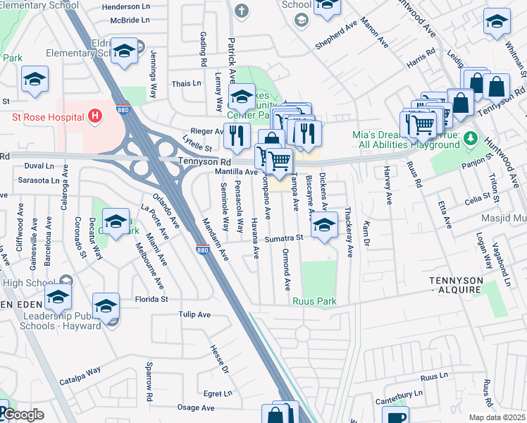 map of restaurants, bars, coffee shops, grocery stores, and more near 27703 Pompano Avenue in Hayward