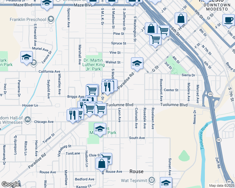 map of restaurants, bars, coffee shops, grocery stores, and more near 217 Leon Avenue in Modesto