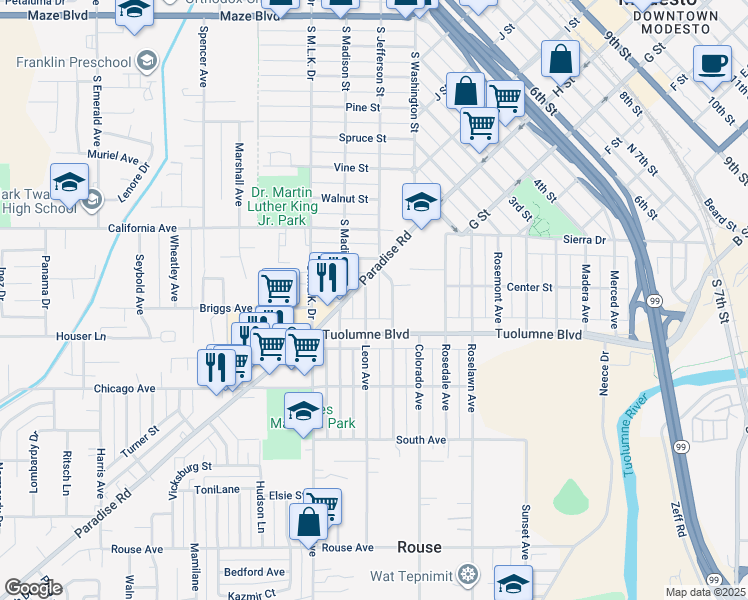 map of restaurants, bars, coffee shops, grocery stores, and more near 217 Leon Avenue in Modesto