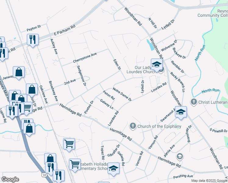 map of restaurants, bars, coffee shops, grocery stores, and more near 8217 Notre Dame Drive in Richmond