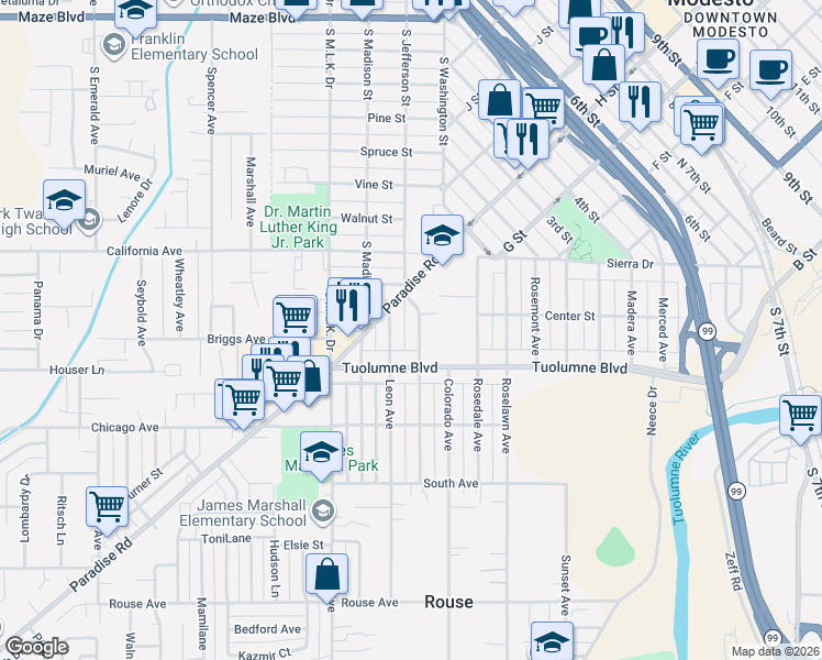 map of restaurants, bars, coffee shops, grocery stores, and more near 226 Yosemite Avenue in Modesto
