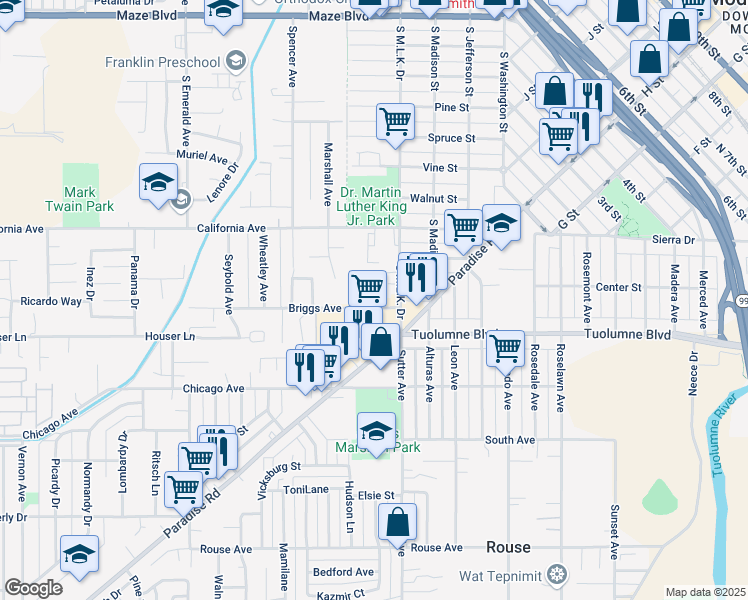 map of restaurants, bars, coffee shops, grocery stores, and more near 419 Briggs Avenue in Modesto