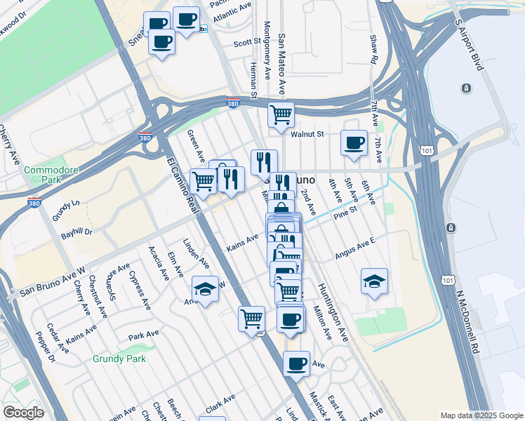 map of restaurants, bars, coffee shops, grocery stores, and more near in San Bruno