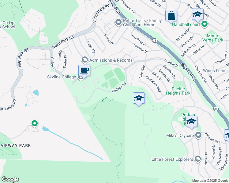 map of restaurants, bars, coffee shops, grocery stores, and more near College Rd in San Bruno