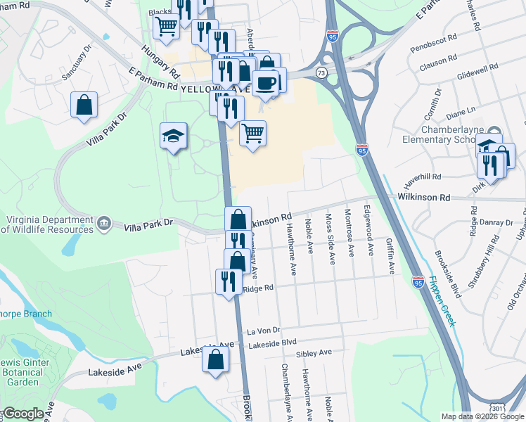 map of restaurants, bars, coffee shops, grocery stores, and more near 7709 Seminary Avenue in Richmond