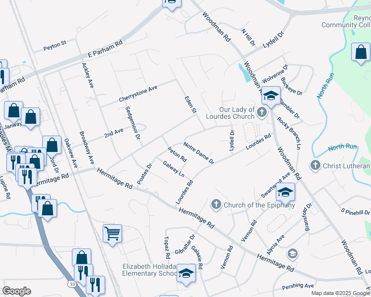 map of restaurants, bars, coffee shops, grocery stores, and more near 8217 Notre Dame Drive in Richmond