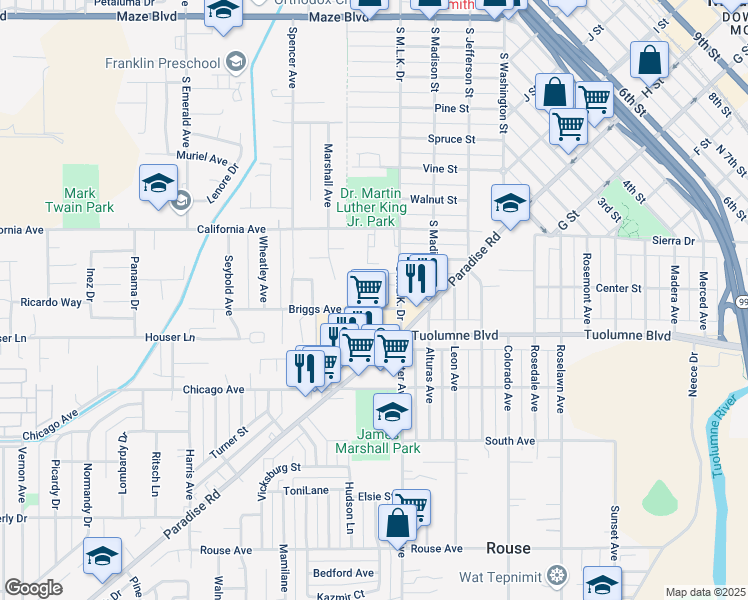 map of restaurants, bars, coffee shops, grocery stores, and more near 419 Briggs Avenue in Modesto