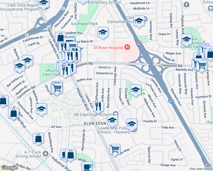map of restaurants, bars, coffee shops, grocery stores, and more near 27555 Barcelona Avenue in Hayward