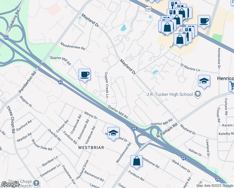 map of restaurants, bars, coffee shops, grocery stores, and more near 8602 Eversham Road in Henrico