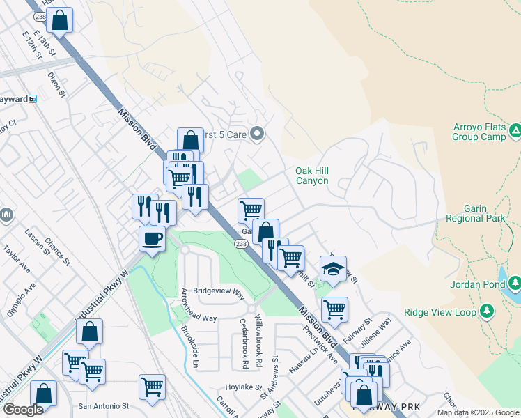 map of restaurants, bars, coffee shops, grocery stores, and more near 29886 Vanderbilt Street in Hayward