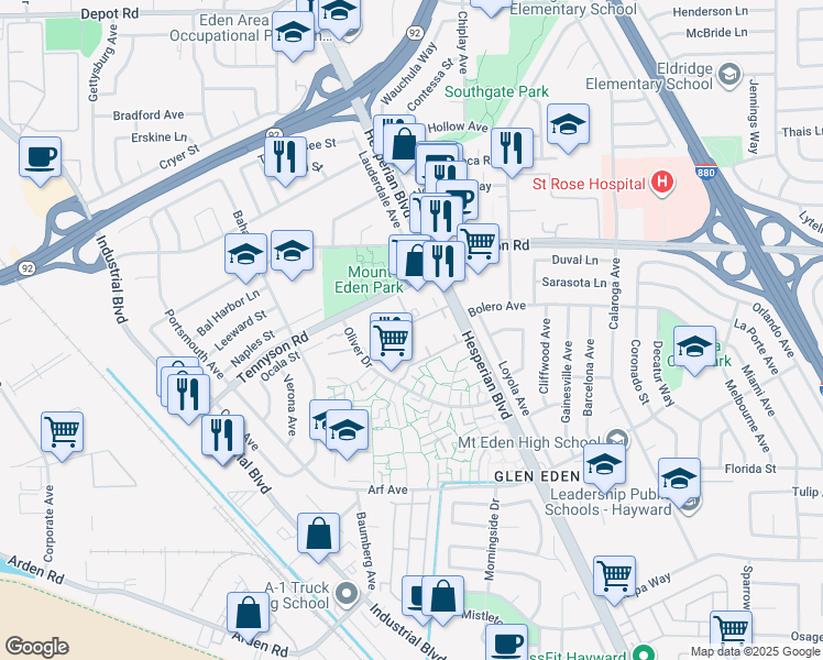 map of restaurants, bars, coffee shops, grocery stores, and more near 2416 West Tennyson Road in Hayward
