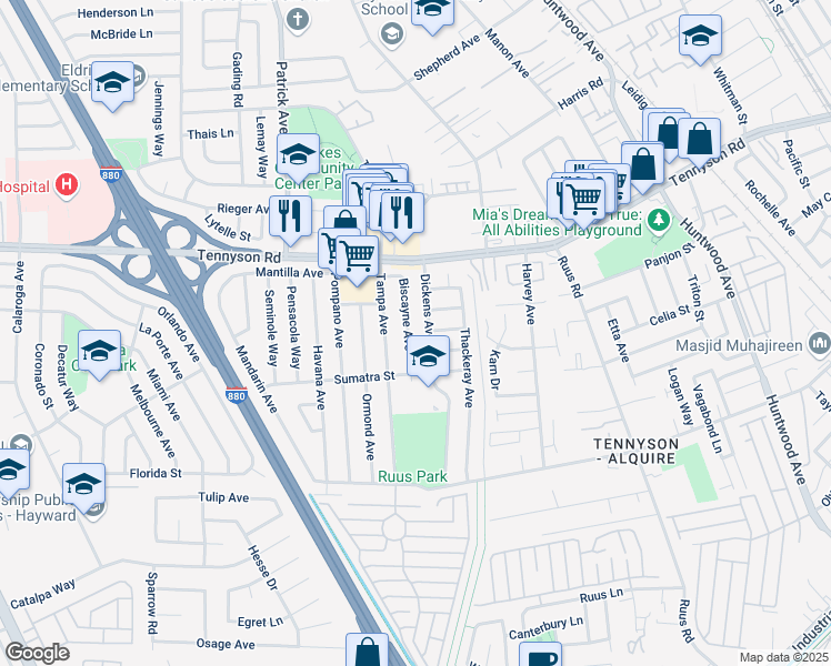 map of restaurants, bars, coffee shops, grocery stores, and more near 27870 Biscayne Avenue in Hayward