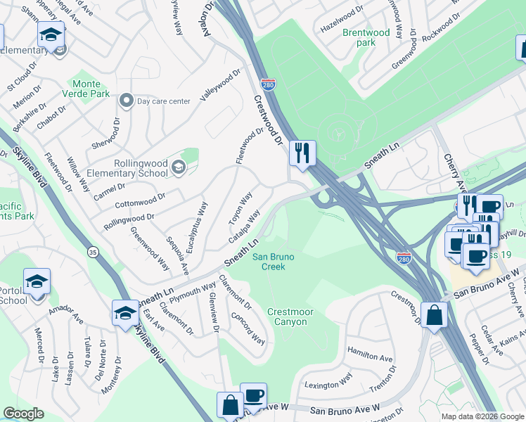 map of restaurants, bars, coffee shops, grocery stores, and more near 2361 Catalpa Way in San Bruno