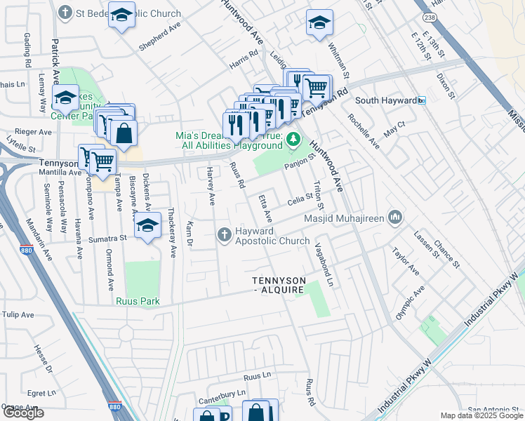 map of restaurants, bars, coffee shops, grocery stores, and more near 28481 Etta Avenue in Hayward