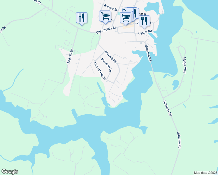 map of restaurants, bars, coffee shops, grocery stores, and more near 538 Waverly Road in Urbanna