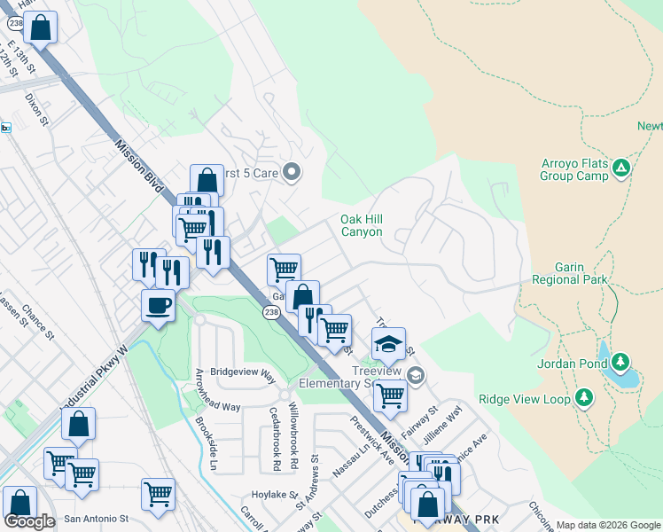 map of restaurants, bars, coffee shops, grocery stores, and more near 659 Gisler Way in Hayward