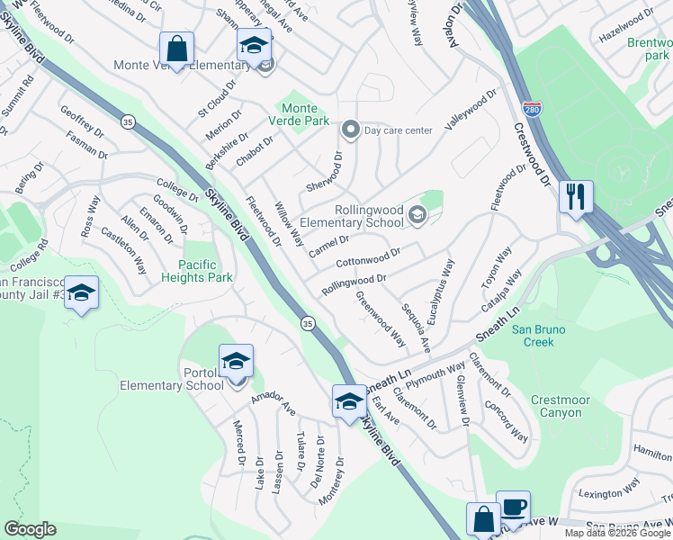 map of restaurants, bars, coffee shops, grocery stores, and more near 2861 Cottonwood Drive in San Bruno