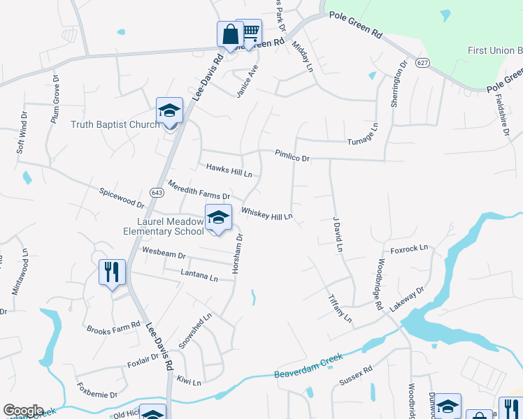 map of restaurants, bars, coffee shops, grocery stores, and more near 6898 Whiskey Hill Lane in Mechanicsville