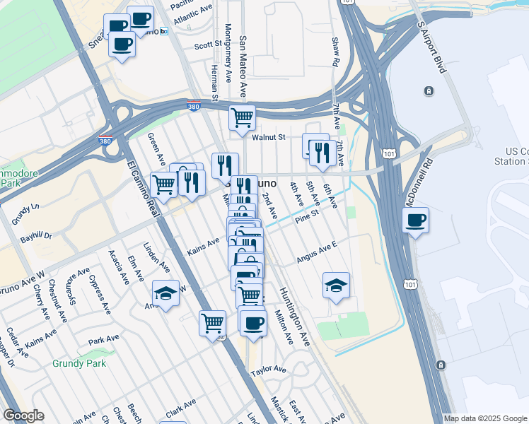 map of restaurants, bars, coffee shops, grocery stores, and more near 724 1st Avenue in San Bruno