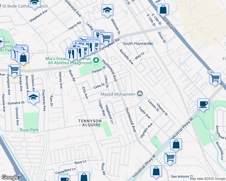 map of restaurants, bars, coffee shops, grocery stores, and more near 28695 Roanoke Street in Hayward