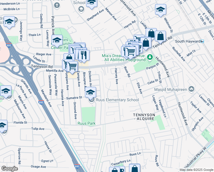 map of restaurants, bars, coffee shops, grocery stores, and more near 1167 Lovelock Way in Hayward