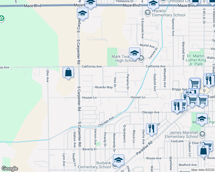 map of restaurants, bars, coffee shops, grocery stores, and more near 1213 Ricardo Way in Modesto