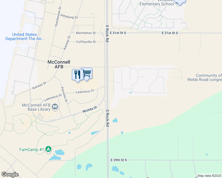 map of restaurants, bars, coffee shops, grocery stores, and more near 3636 South Rock Road in Wichita