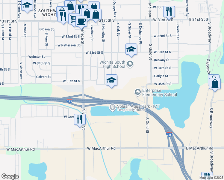 map of restaurants, bars, coffee shops, grocery stores, and more near 3605 South Gold Street in Wichita