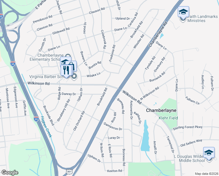 map of restaurants, bars, coffee shops, grocery stores, and more near 6027 Brookfield Road in Richmond