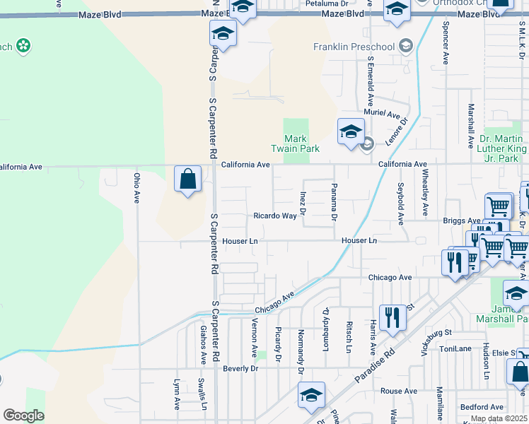 map of restaurants, bars, coffee shops, grocery stores, and more near 1309 Ricardo Way in Modesto
