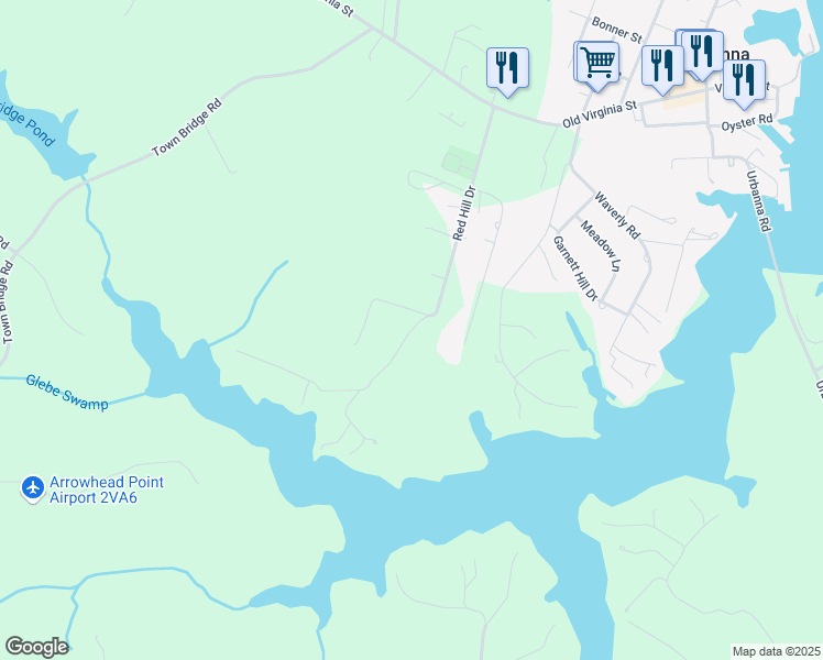 map of restaurants, bars, coffee shops, grocery stores, and more near Red Hill Drive in Urbanna