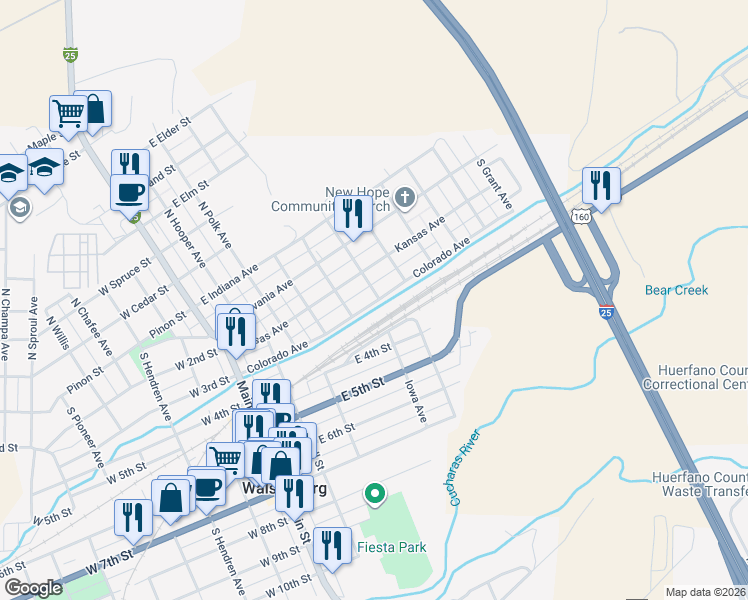 map of restaurants, bars, coffee shops, grocery stores, and more near 520 Colorado Avenue in Walsenburg
