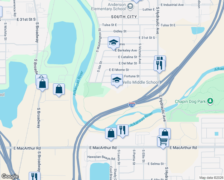 map of restaurants, bars, coffee shops, grocery stores, and more near 1221 East Galena Street in Wichita